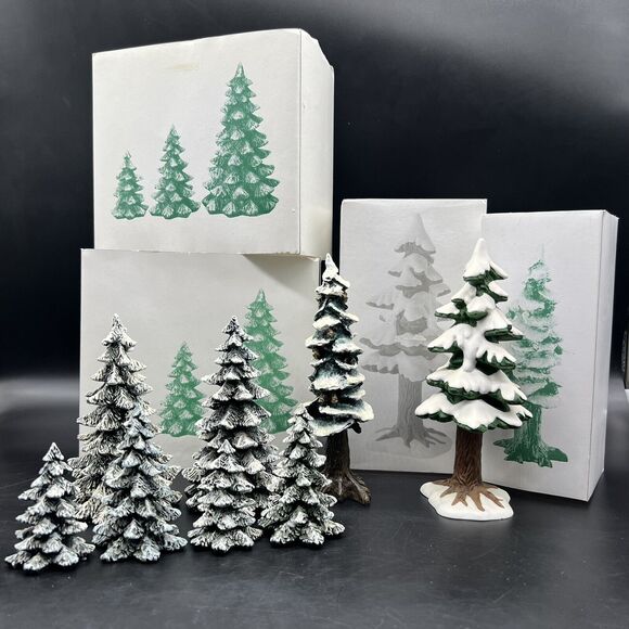 Department 56 Village Evergreen Trees Set Of 8 Flocked Christmas Porcelain Boxed - Picture 1 of 16
